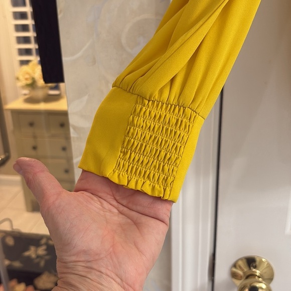 LOFT Golden Yellow Longsleeve V-neck, Ruffle at Shoulder, Blouse. EUC - Picture 4 of 8